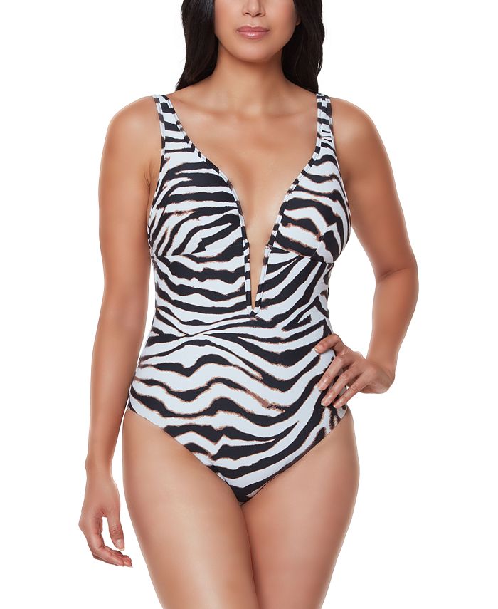 Bar III Women's Printed V Neck One Piece Swimsuit White Size Medium