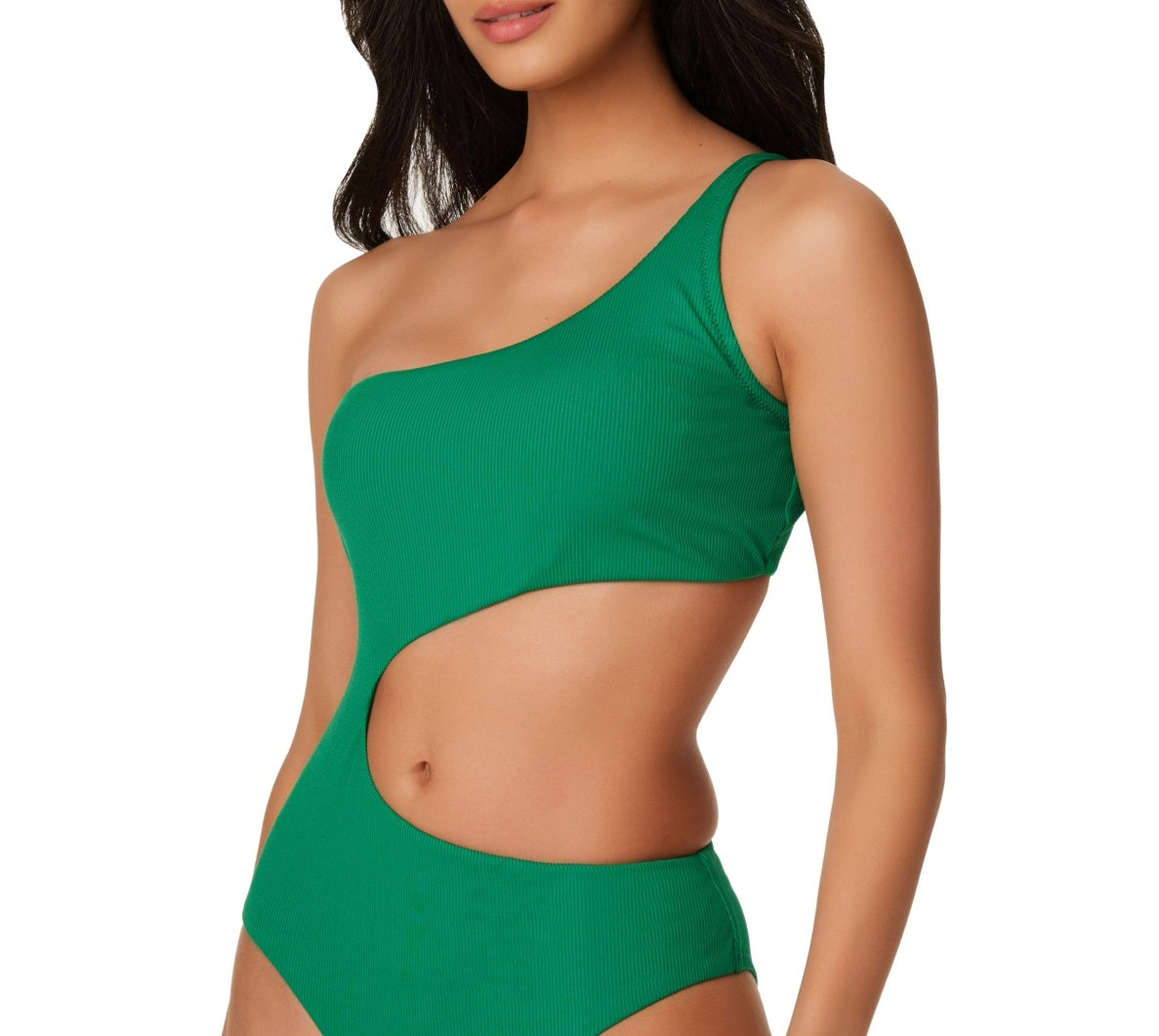 Bar III Women's Micro Rib One Shoulder Cutout One Piece Swimsuit Green Size Small