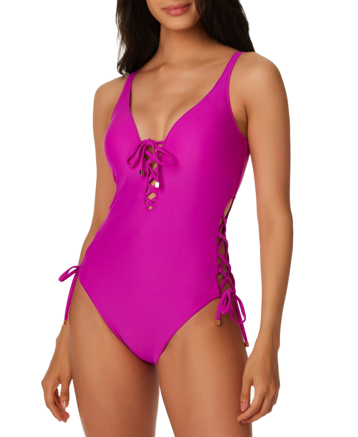 Bar III Women's Summer Lace Up One Piece Swimsuit Pink