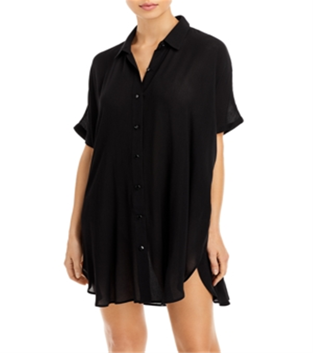 Aqua Women's  Swim Button-Down Swim Cover Up Tunic Black Size M