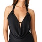 Bar III Women's Plunging Cowlneck Halter Tankini Top Swimsuit Black Size Large
