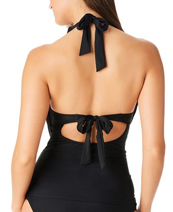Bar III Women's Plunging Cowlneck Halter Tankini Top Swimsuit Black Size Large