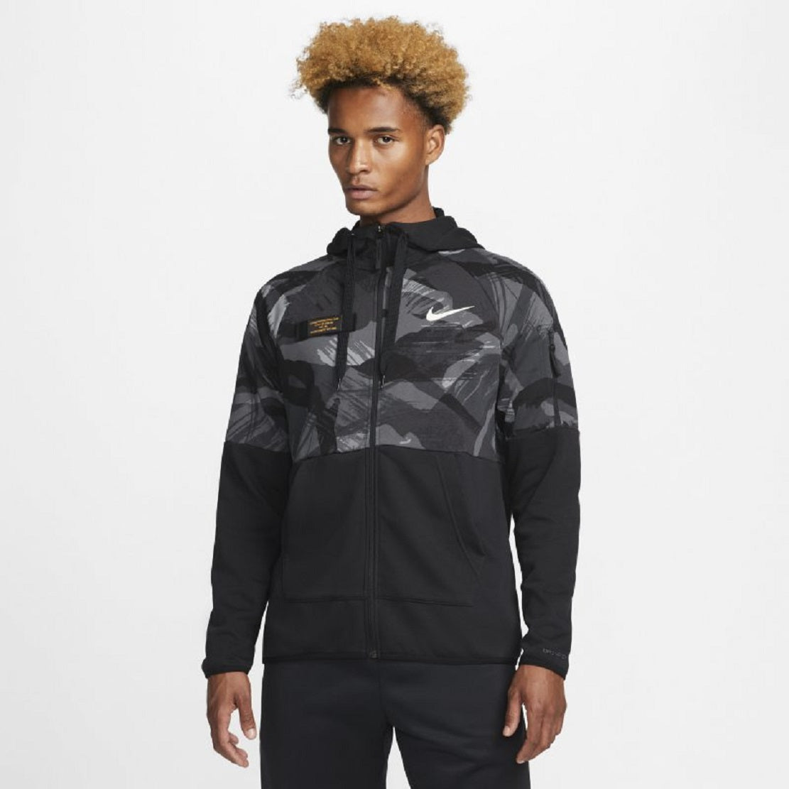 Nike Men's Dri FIT Fleece Full Zip Camo Fitness Hoodie Black Size Large