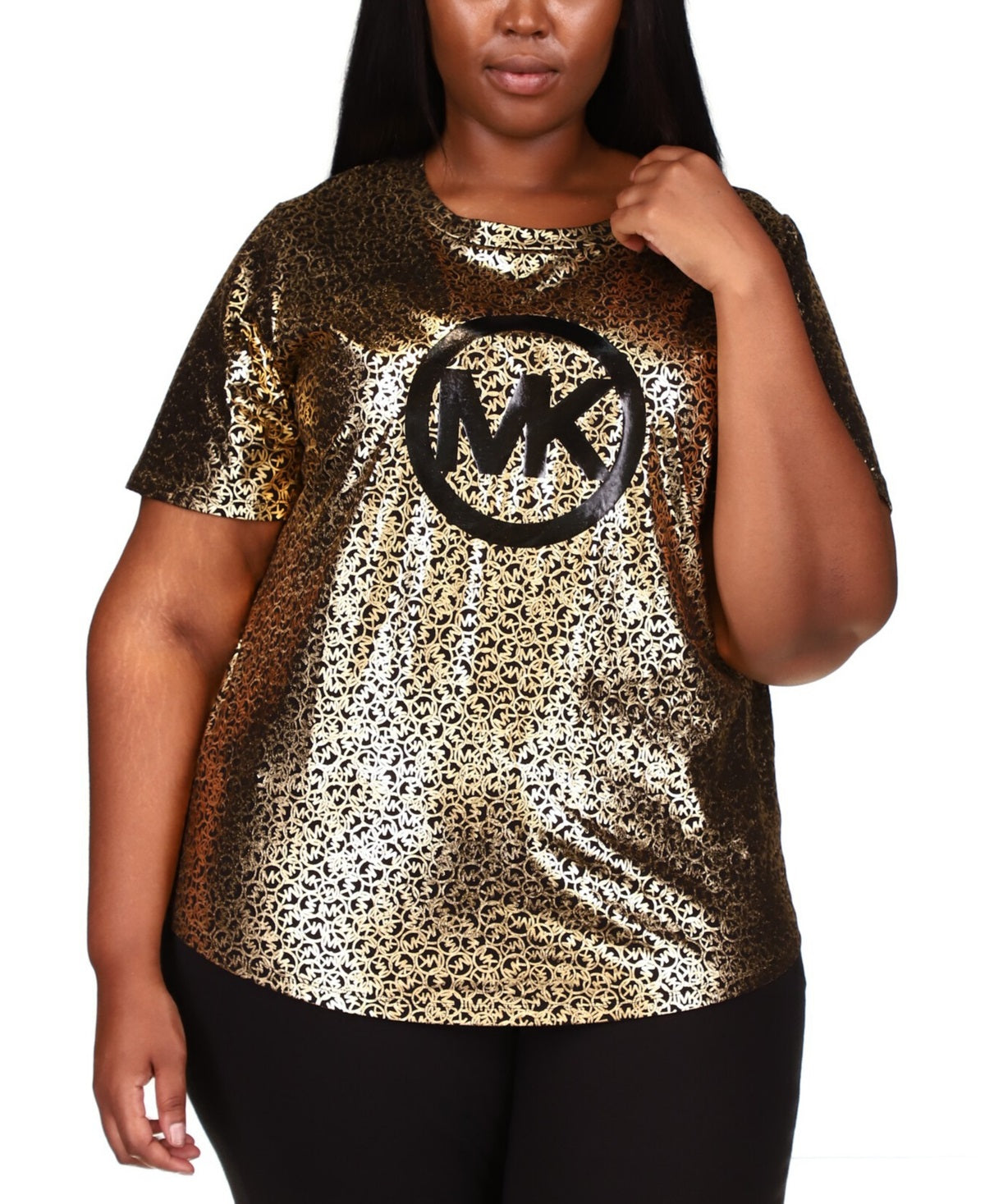 Michael Kors Women's Metallic Foil Logo Print T-Shirt Gray Size 0X