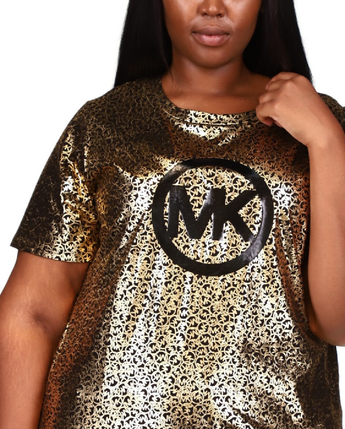 Michael Kors Women's Metallic Foil Logo Print T-Shirt Gray Size 0X