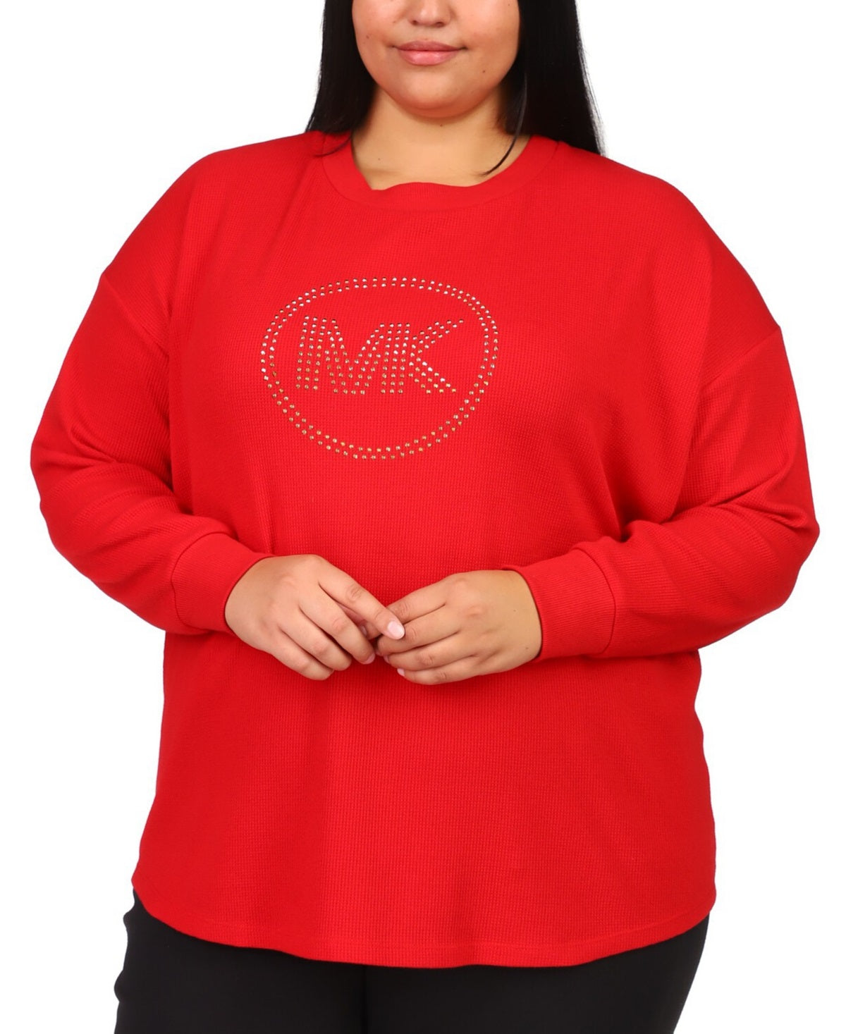 Michael Kors Women's Rhinestone Logo Waffle Knit T-Shirt Red Size 2X