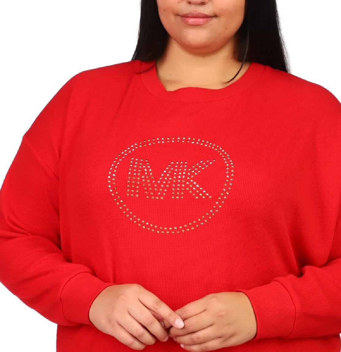 Michael Kors Women's Rhinestone Logo Waffle Knit T-Shirt Red Size 2X
