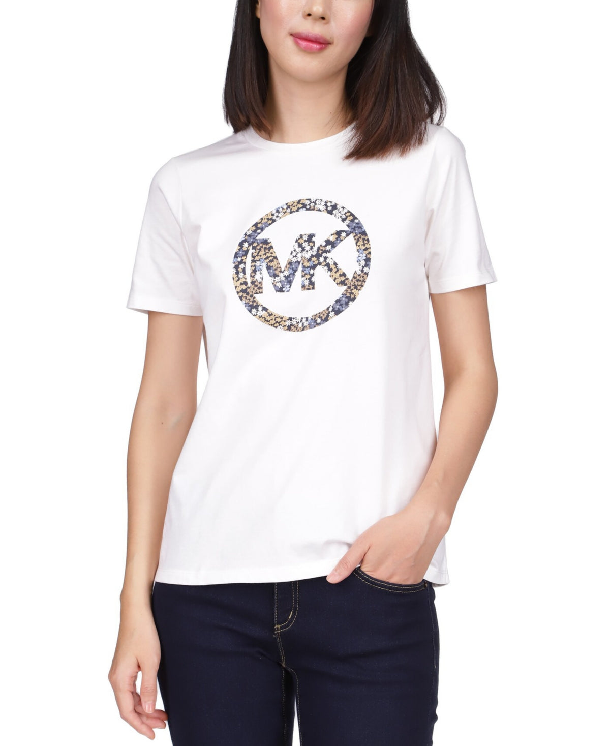 Michael Kors Women's Short Sleeve Floral Circle T-Shirt White Size Petite Medium