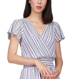 Michael Kors Women's Short Sleeve Striped Faux Wrap Dress Blue