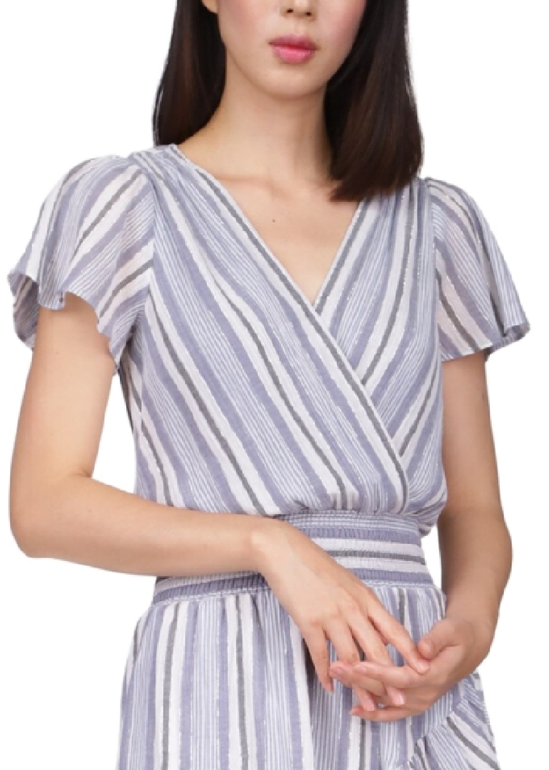 Michael Kors Women's Short Sleeve Striped Faux Wrap Dress Blue Size Medium