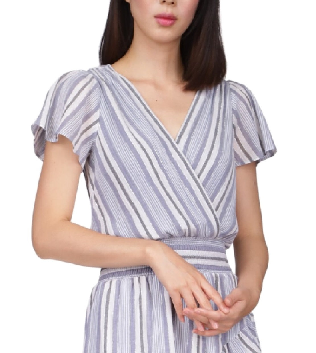 Michael Kors Women's Short Sleeve Striped Faux Wrap Dress Blue