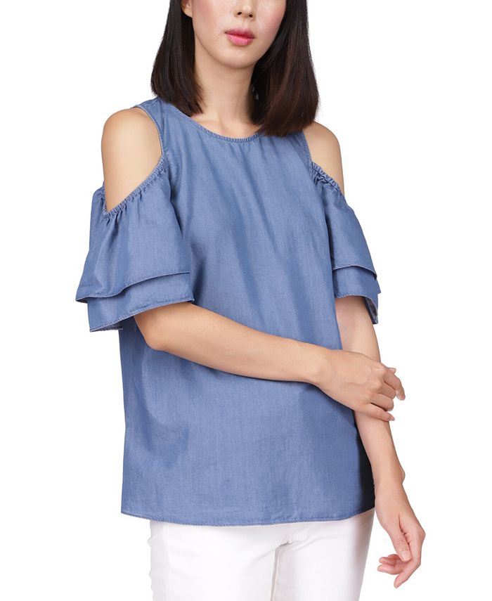 Michael Kors Women's Tiered Sleeve Cold Shoulder Top Blue Size X-Large
