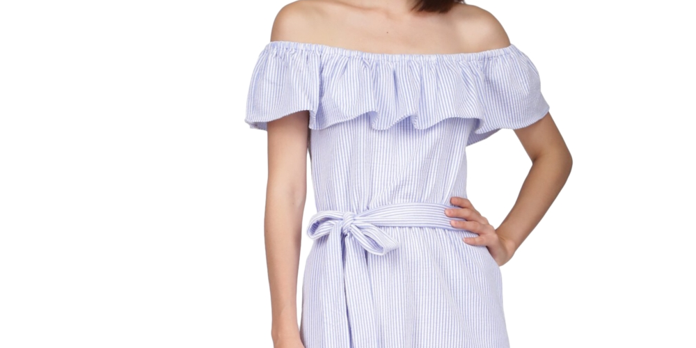 Michael Kors Women's Seersucker Off the Shoulder Dress Blue Size Small