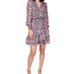 Michael Kors Women's Smocked Ruffled Sheer Tiered Skirt Lined Floral Long Sleeve Surplice Neckline Short Party Faux Wrap Dress Red Size Petite Medium