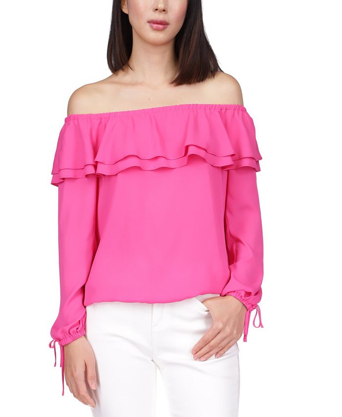 Michael Kors Women's Petite Ruffled Off The Shoulder Top Pink Size 4Petite