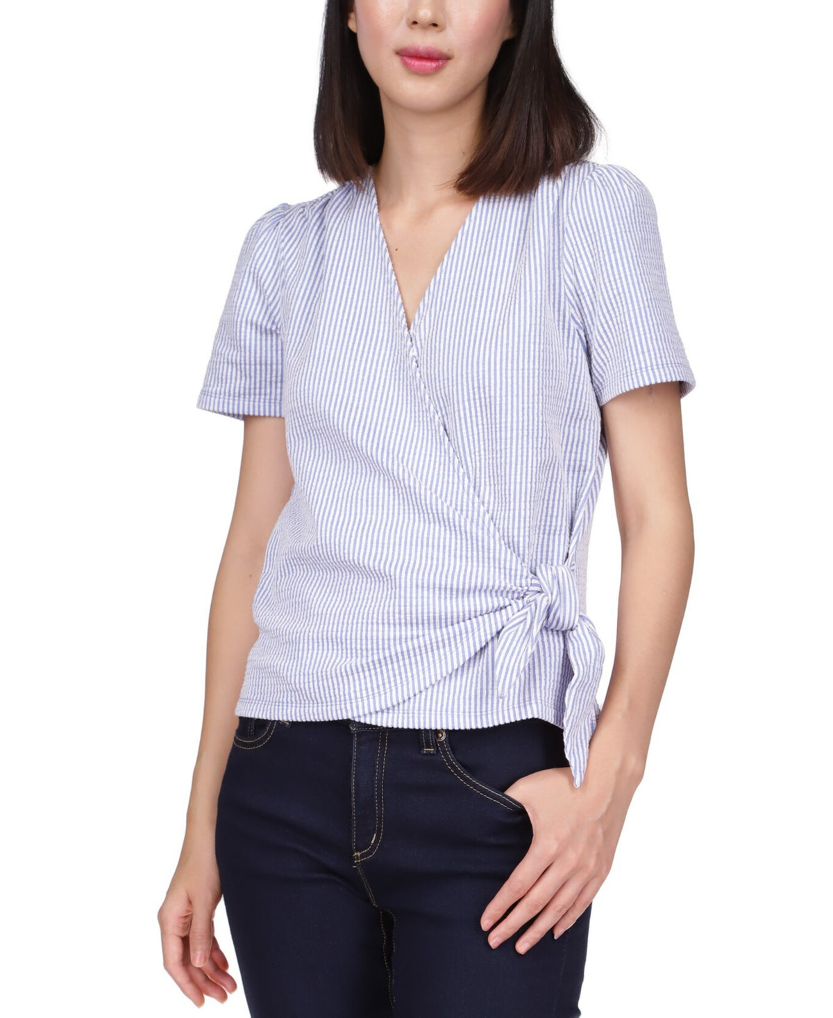 Michael Kors Women's Short Sleeve Wrap Top Blue Size Petite Large