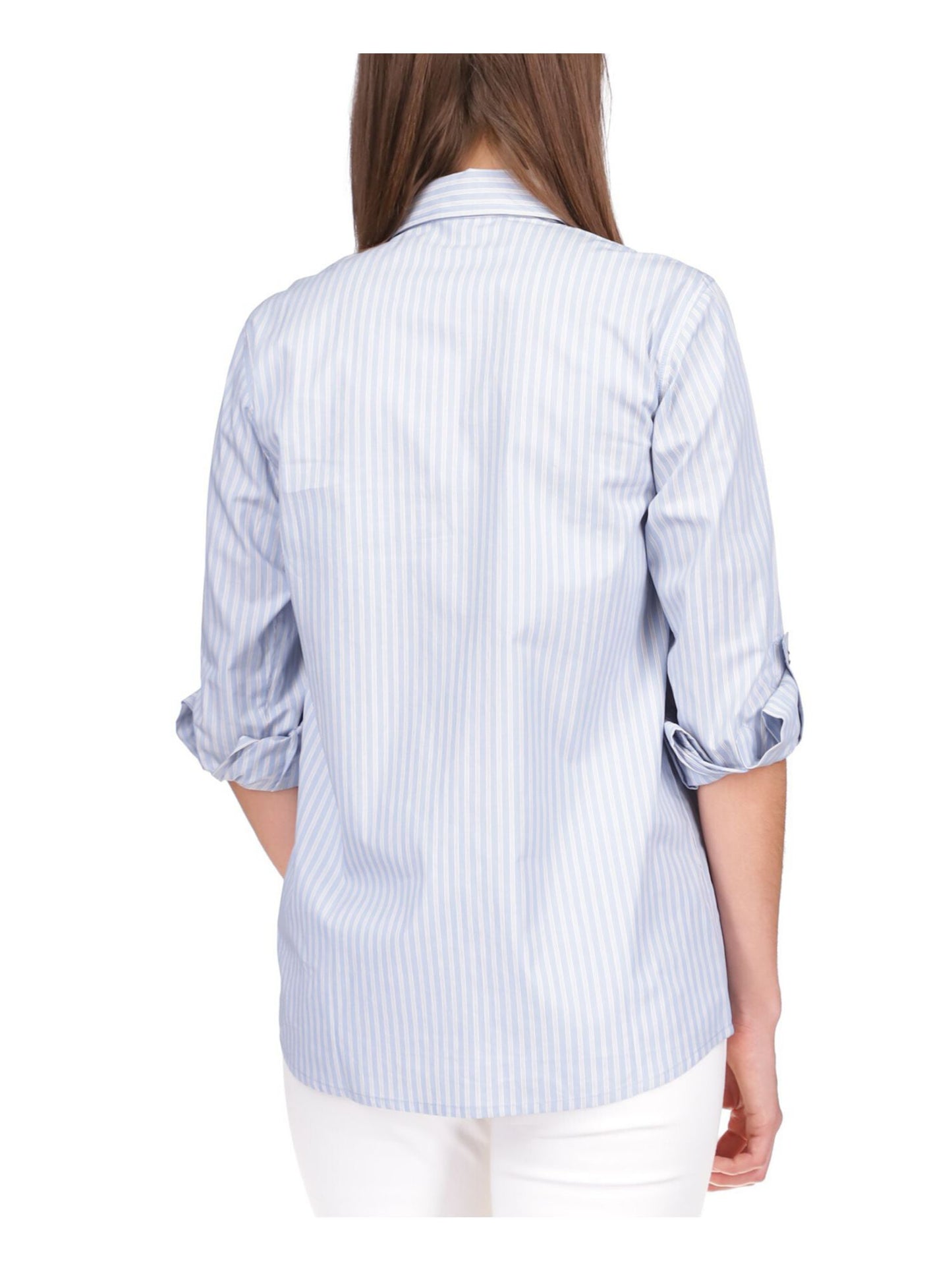 Michael Kors Women's Pocketed Striped Roll tab Sleeve Point Collar Button Up Top Blue Size X-Small