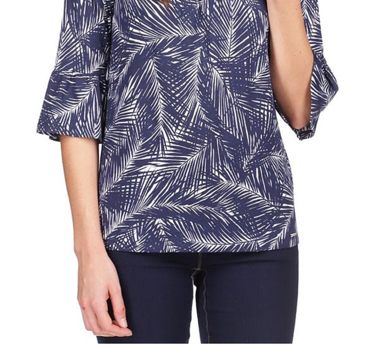 Michael Kors Women's Palm Flare Sleeve Top Blue Size Small