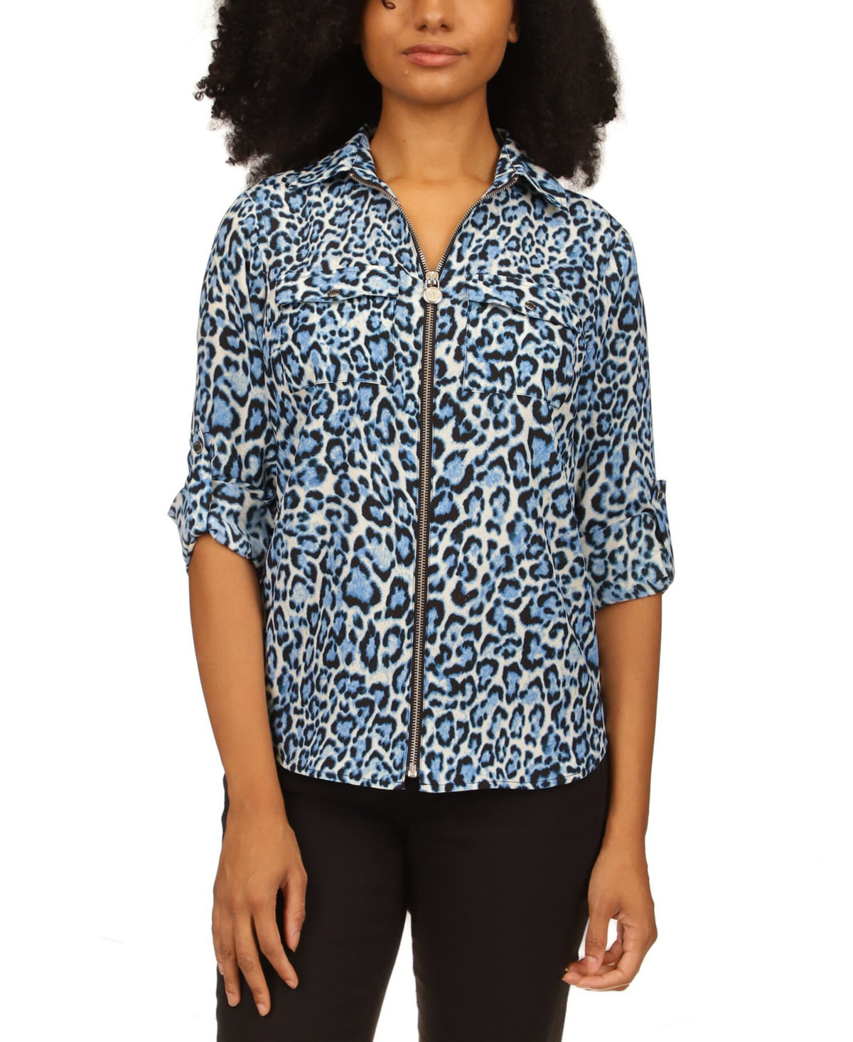 Michael Kors Women's Wildcat Print Zip Front Top Blue Size X-Small