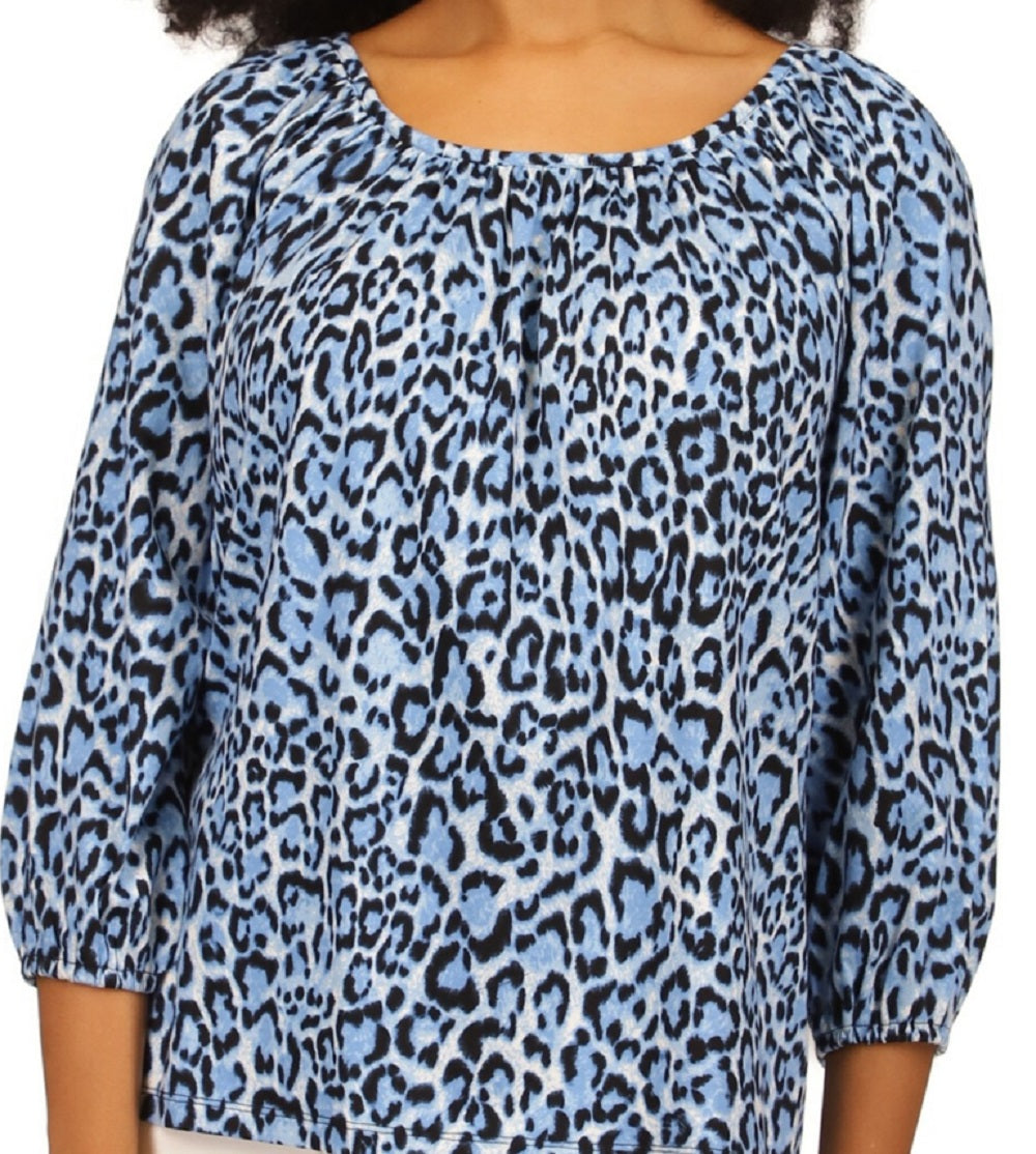 Michael Kors Women's Wildcat Print Peasant Top Blue Size Medium