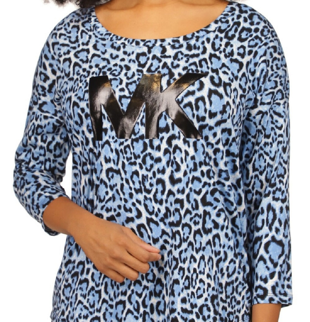 Michael Kors Women's Animal Print Logo T-Shirt Blue Size Large