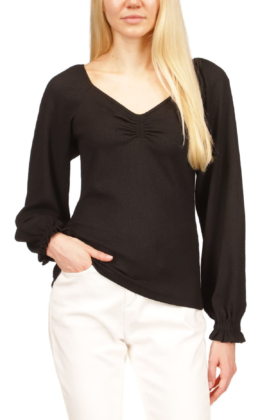 Michael Kors Women's Rouched Puff Sleeve Top Black Size Petite Large