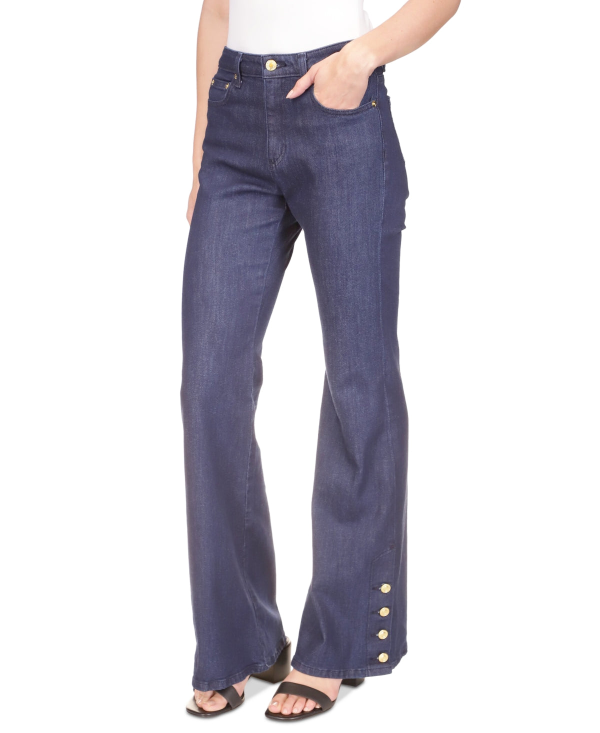Michael Kors Women's Button Hem Flare Leg Denim Jeans Blue Size 8 Petite