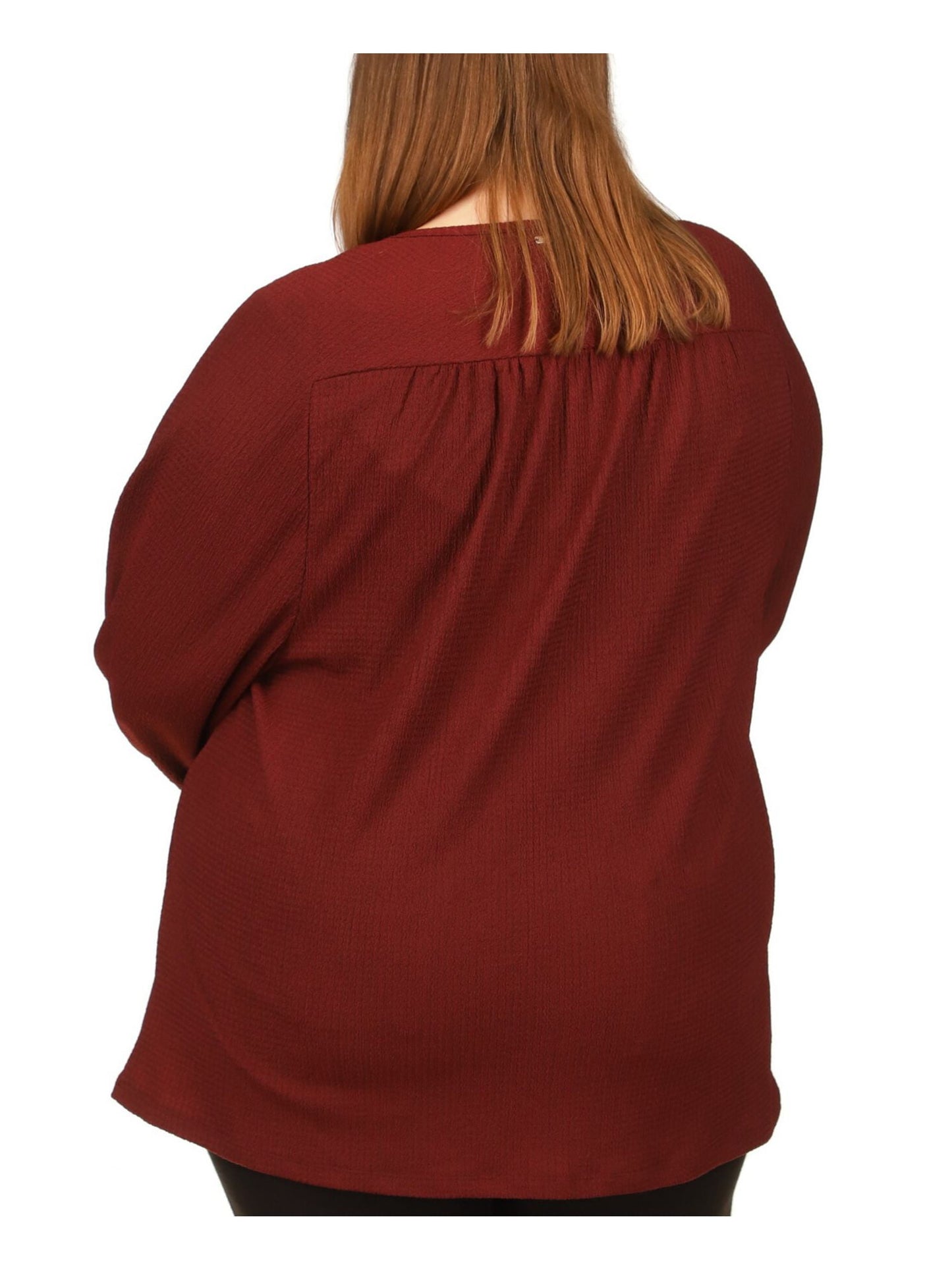 Michael Kors Women's Textured Gathered Long Sleeve V Neck Top Red Size 2X