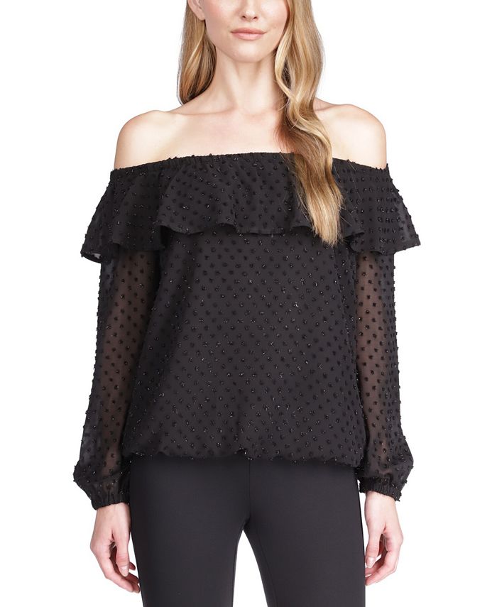Michael Kors Women's Clip Dot Off The Shoulder Top Black Size X-Large