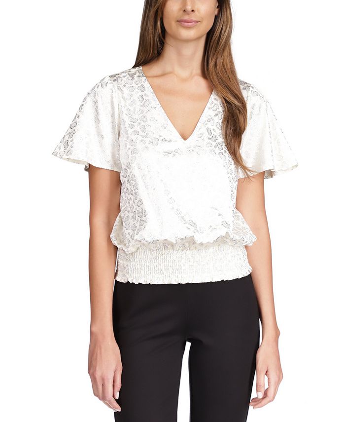 Michael Kors Women's Metallic Paisley Smocked Blouse White Size X-Small