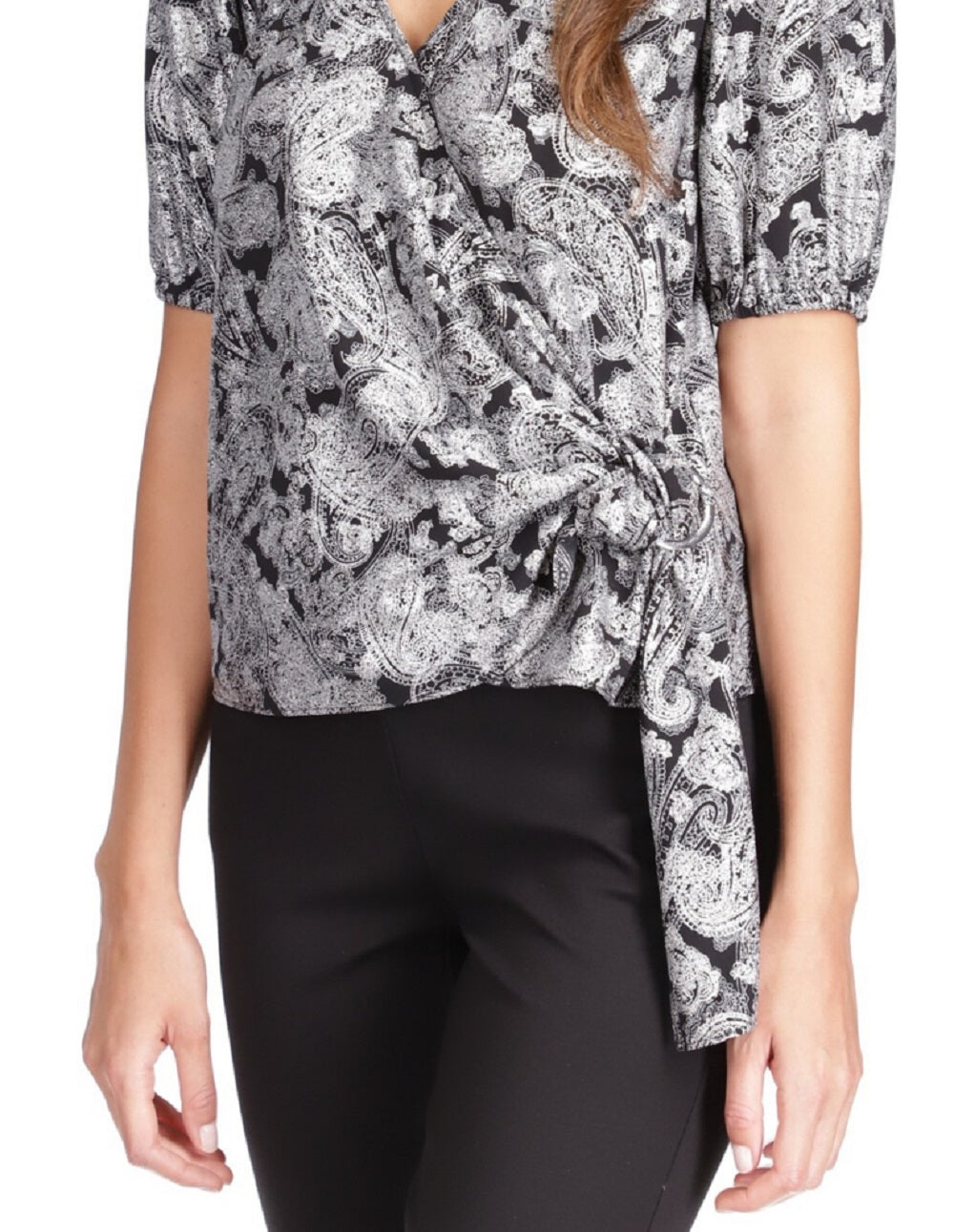 Michael Kors Women's Metallic Paisley Wrap Top Black Size Large