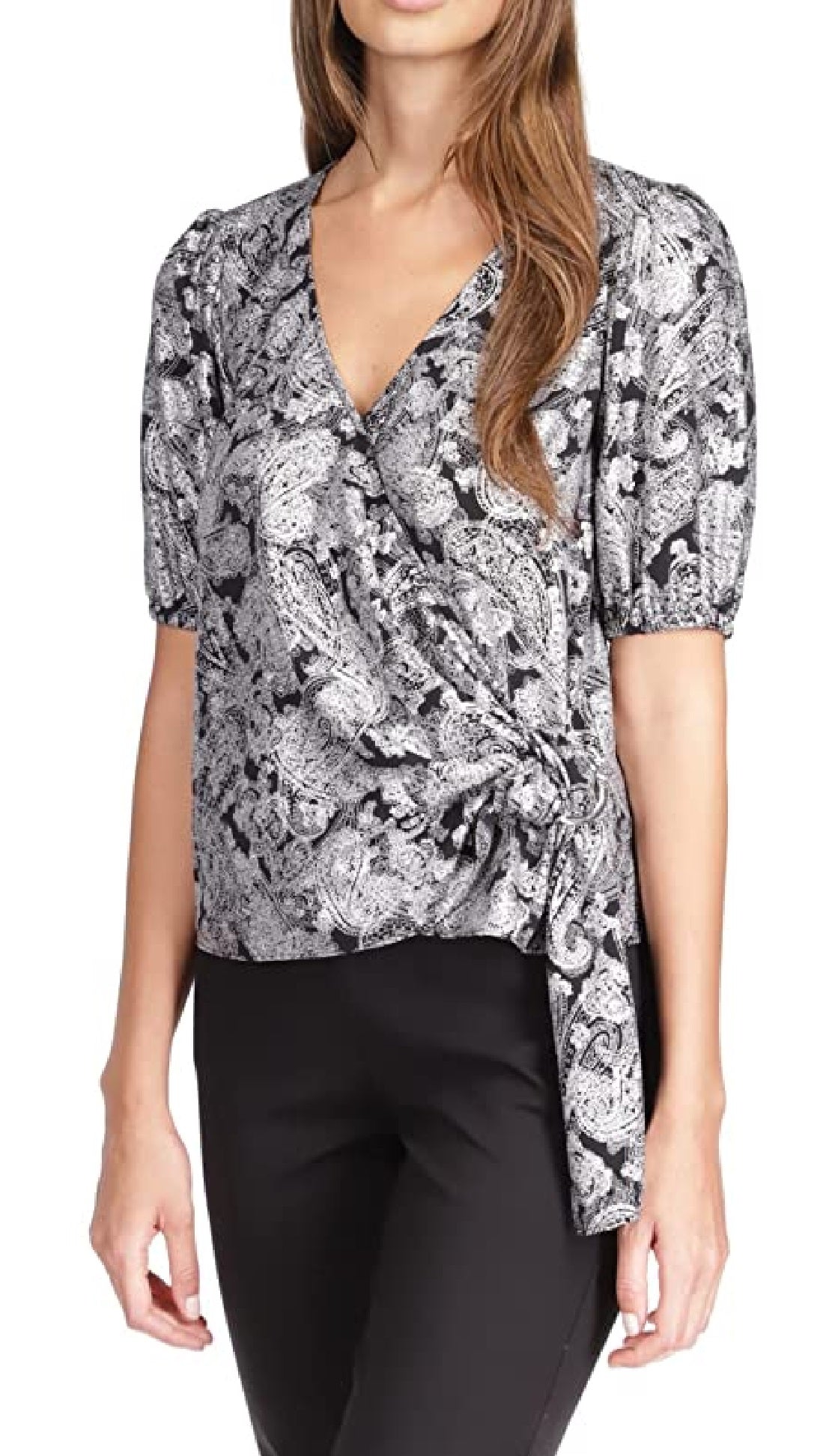 Michael Kors Women's Metallic Paisley Wrap Top White Size X-Large