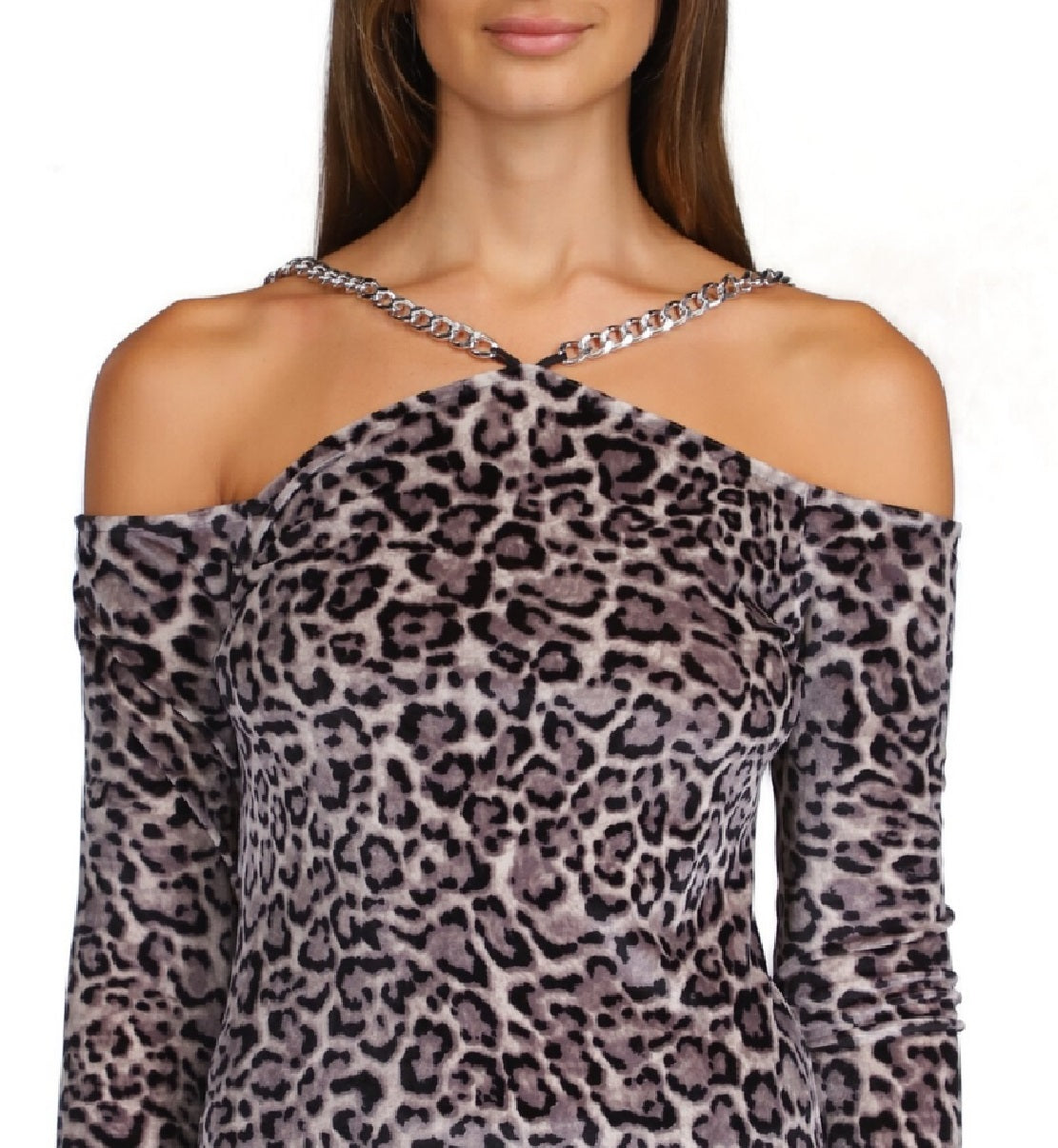 Michael Kors Women's Printed Velvet Chain Cold Shoulder Top Gray Size Large