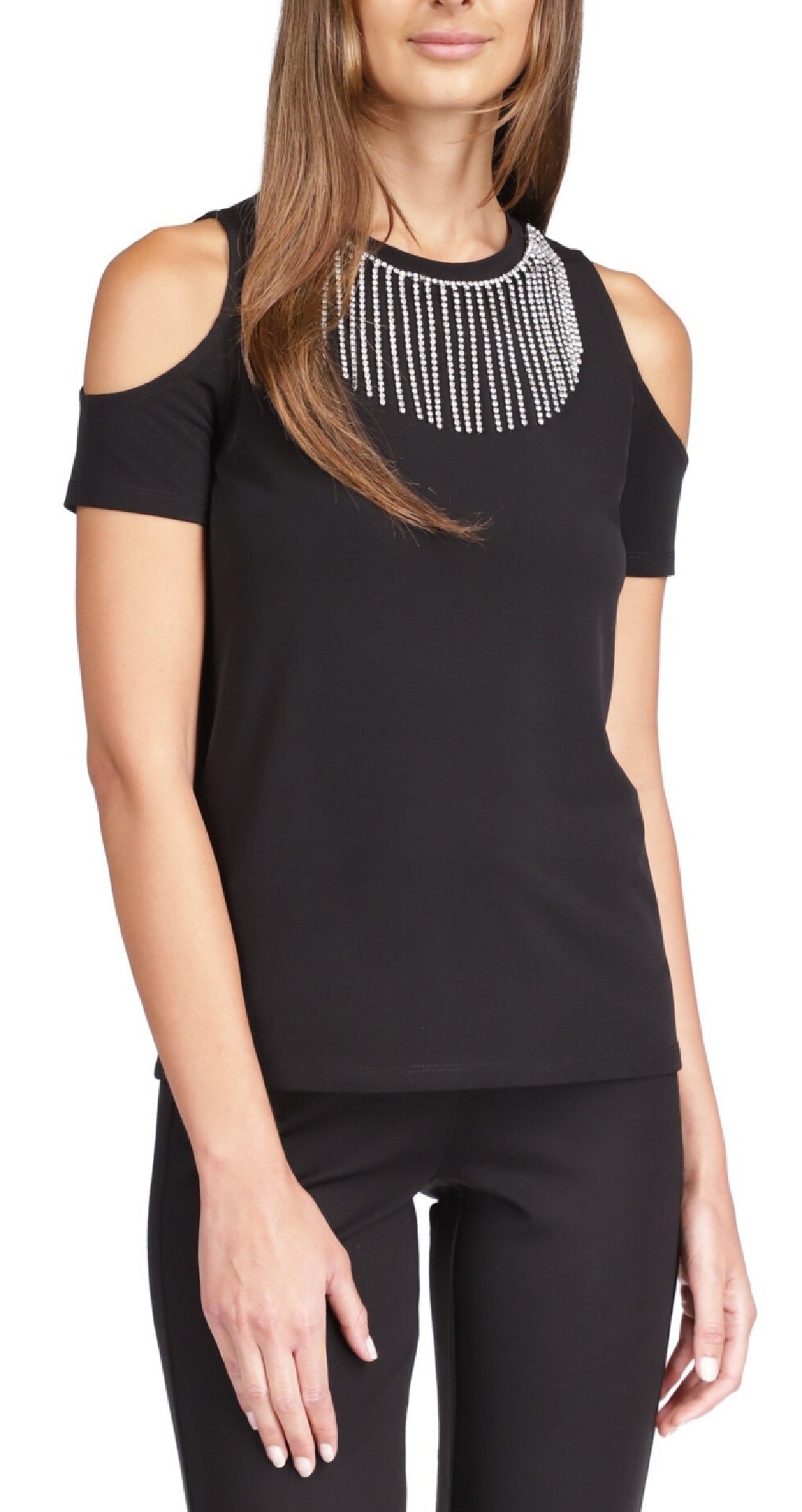 Michael Kors Women's Rhinestone Cold Shoulder Top Black Size Large