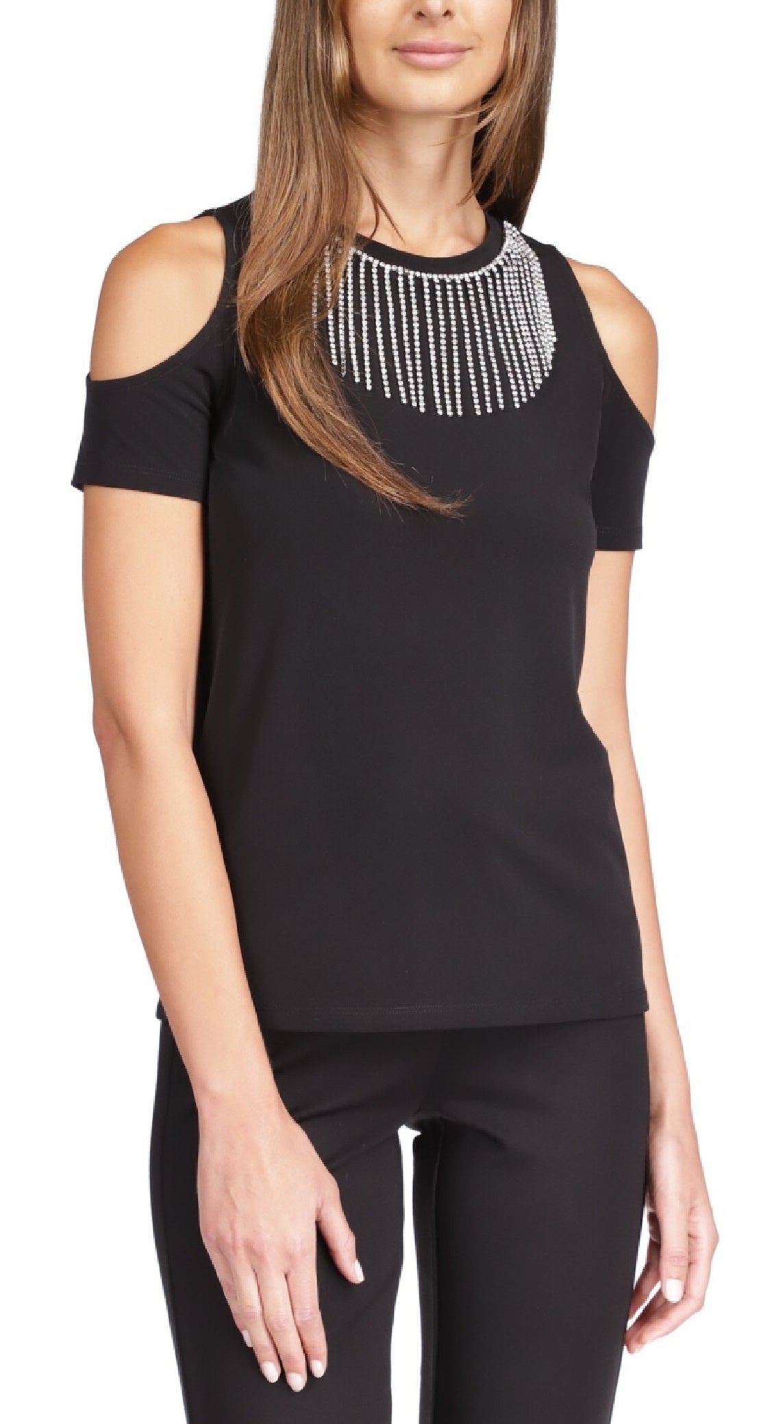 Michael Kors Women's Rhinestone Cold Shoulder Top Black Size X-Large