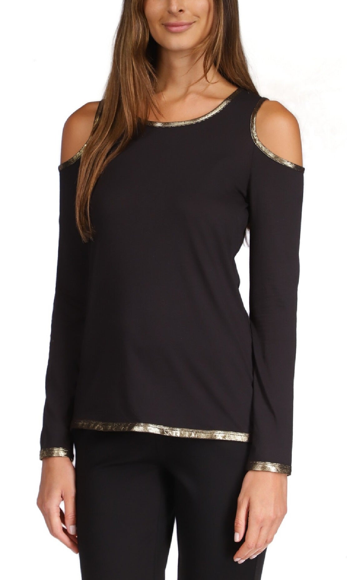 Michael Kors Women's Metallic Trim Cold Shoulder Top Black Size Large