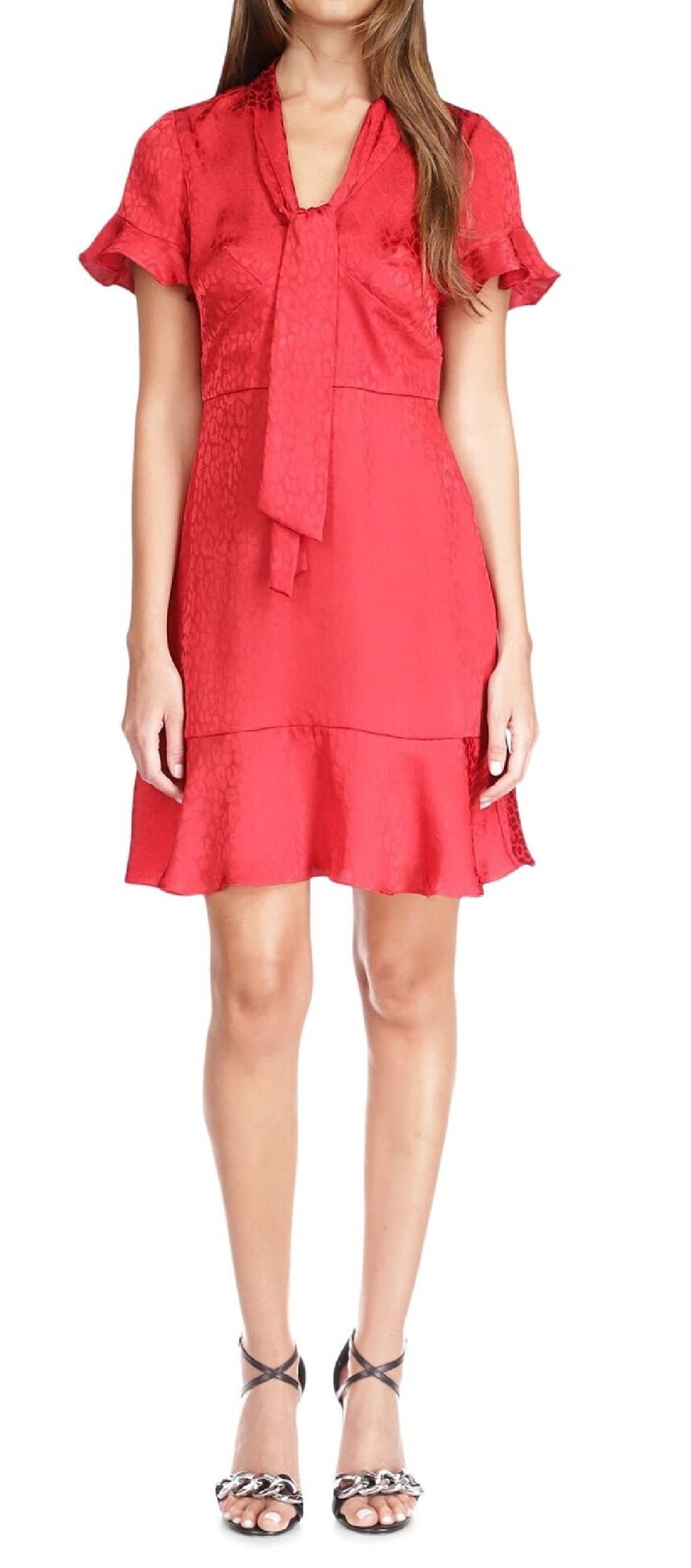 Michael Kors Women's Cheeta Plisse Tonal Print Tie Dress Red Size Large
