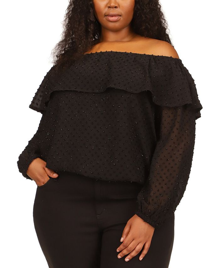 Michael Kors Women's Beaded Off The Shoulder Ruffle Neck Top Black Size 2X