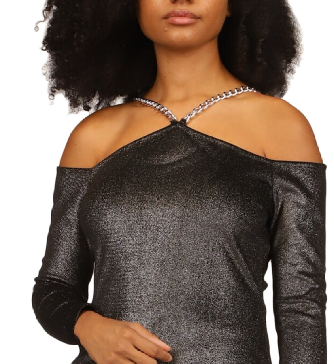Michael Kors Women's Metallic Velvet Chain Cold Shoulder Top Gray Size Petite Small