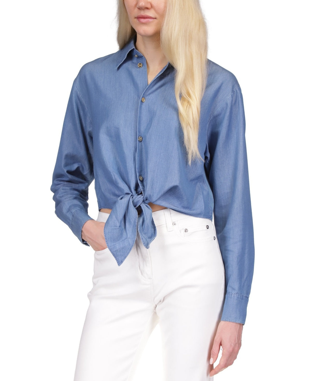 Michael Kors Women's Chambray Tie FronT-Shirt Blue Size Medium