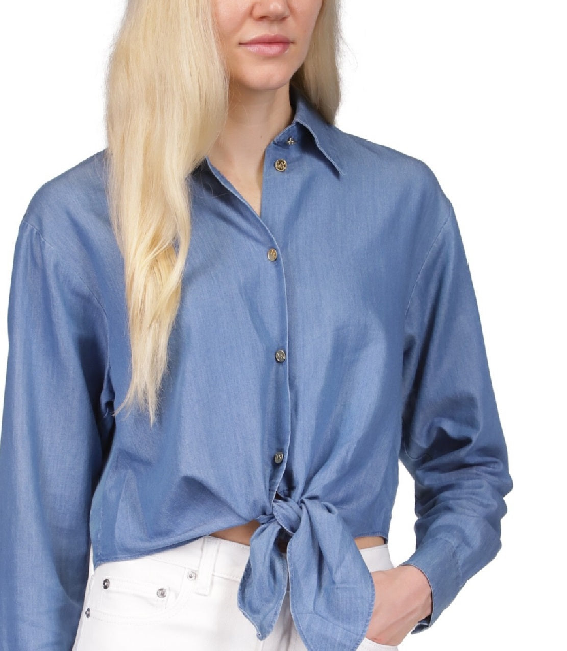 Michael Kors Women's Chambray Tie FronT-Shirt Blue Size Medium