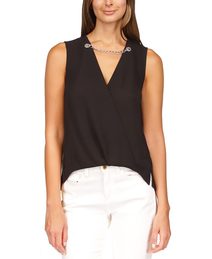 Michael Kors Women's Crepe Chain Faux Wrap Top Black Size Small