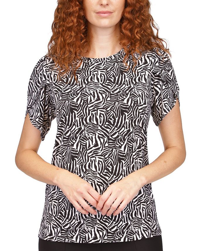 Michael Kors Women's Zebra Print Petal Sleeve Top Black Size X-Small