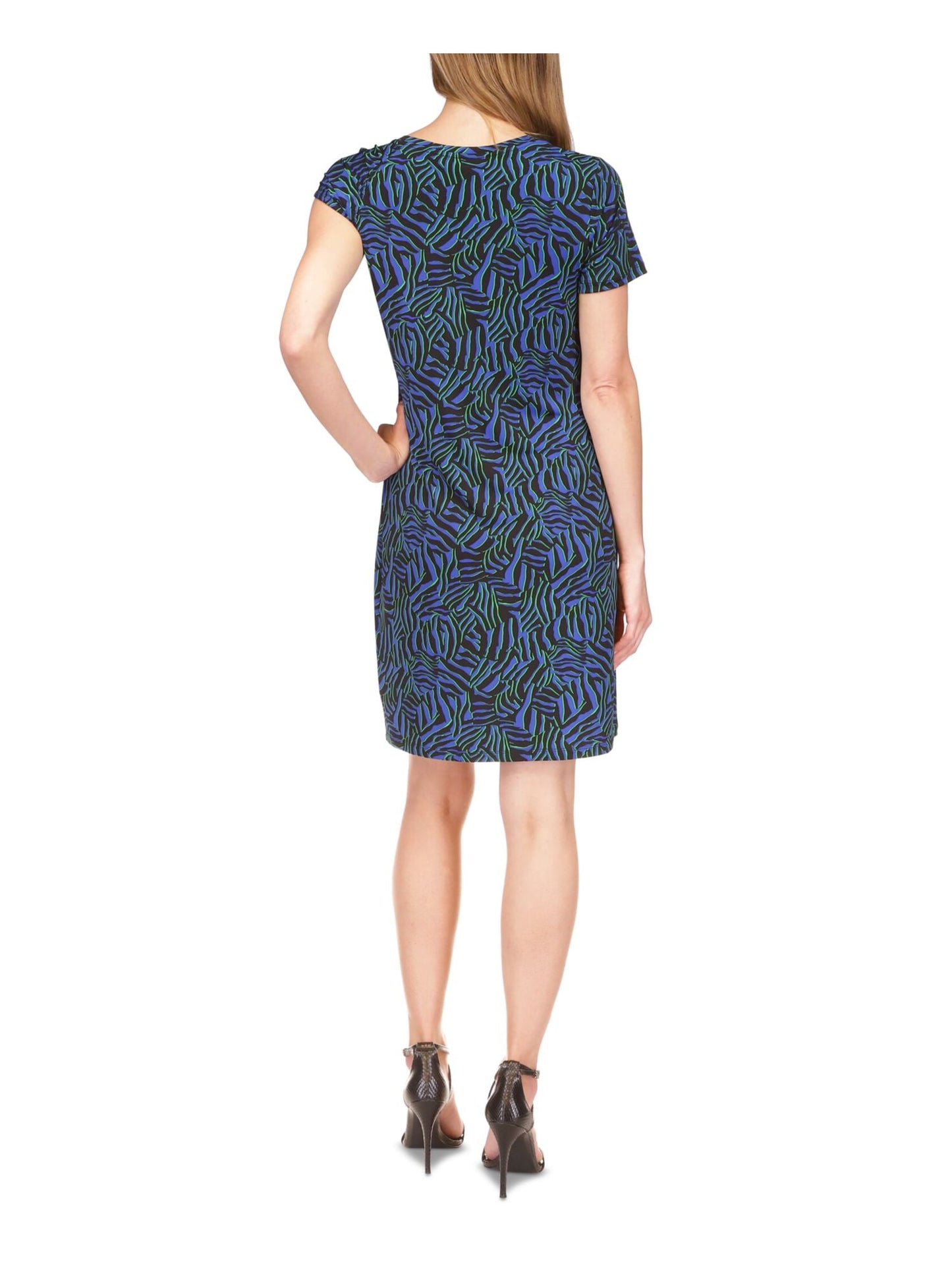 Michael Kors Women's Unlined Pullover O ring Detail Printed Short Sleeve Asymmetrical Neckline Short Party Dress Blue Size Small