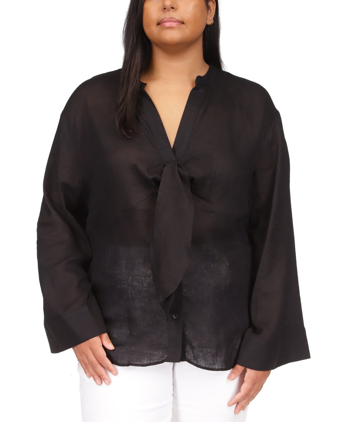 Michael Kors Women's Long Sleeve Tie Neck Blouse Black Size 2X