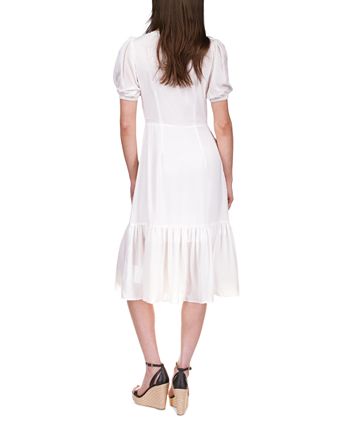 Michael Kors Women's Textured Pinstripe Tie Front Dress White Size Petite Large