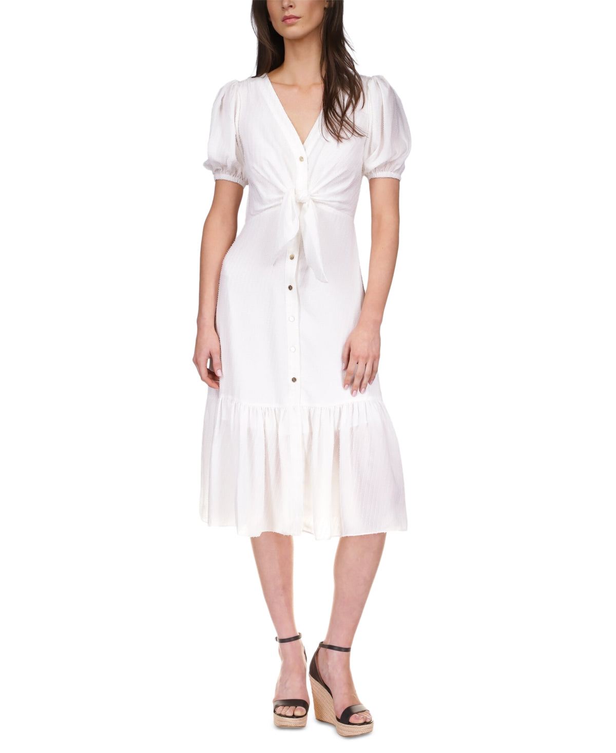 Michael Kors Women's Textured Pinstripe Tie Front Dress White Size Petite Large