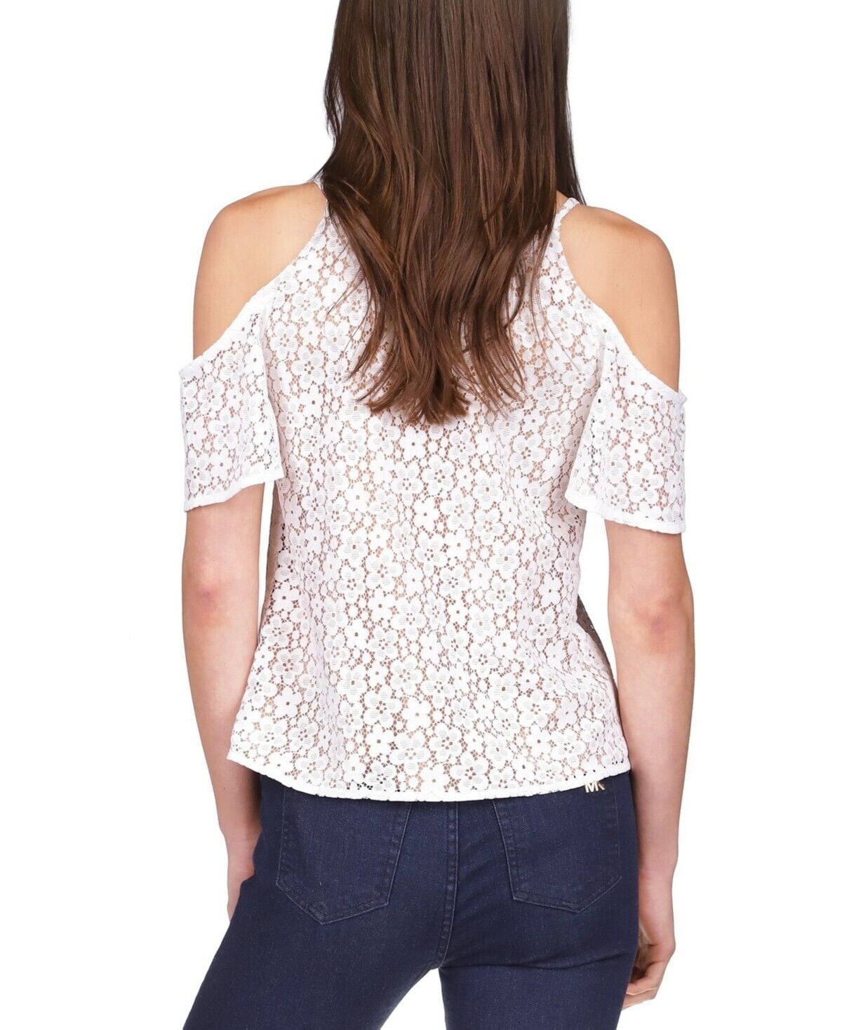 Michael Kors Women's Lace Cold Shoulder Chain Top White Size X-Large