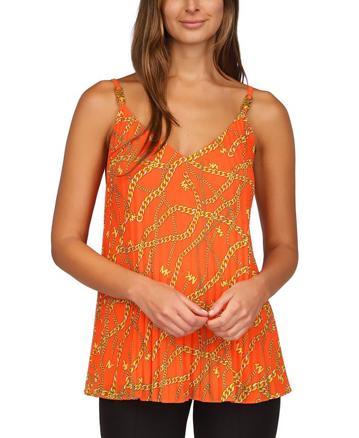 Michael Kors Women's Chain Print Pleated Tank Top Orange Size X-Small