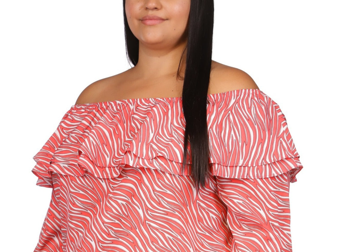 Michael Kors Women's Zebra Print Ruffled Peasant Top Pink